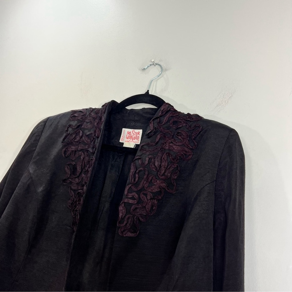 Vintage 80s Mister Leonard black applique cropped open front jacket blazer M - Picture 7 of 13